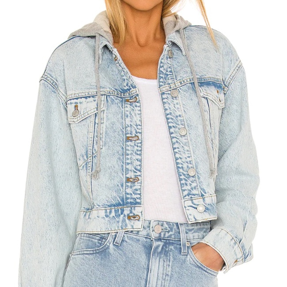 Free People Light Blue Jean Jacket with Gray Hood